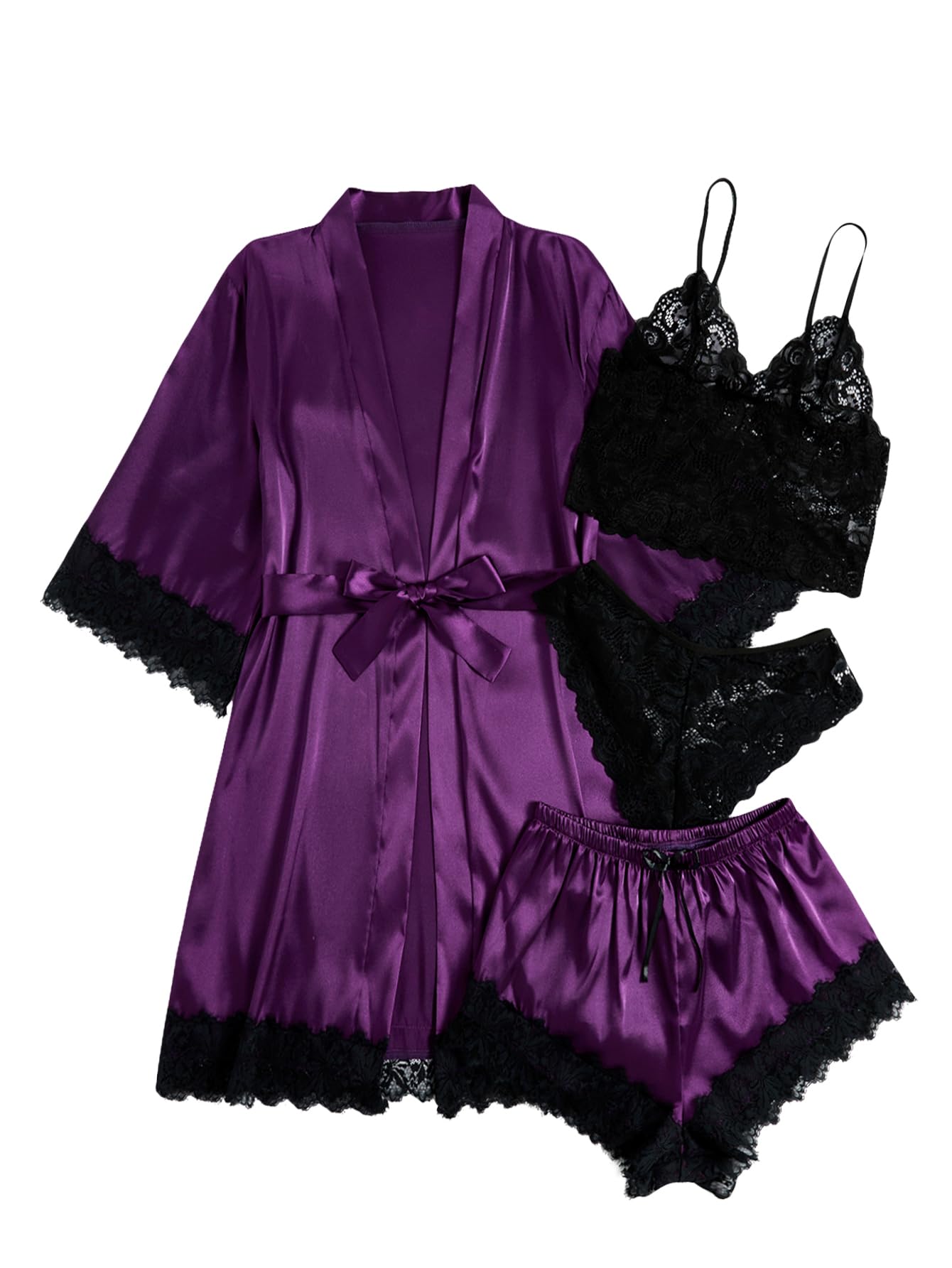 Women' Silk Satin Pajamas Set 4pcs Lingerie Floral Lace Cami Sleepwear with Robe