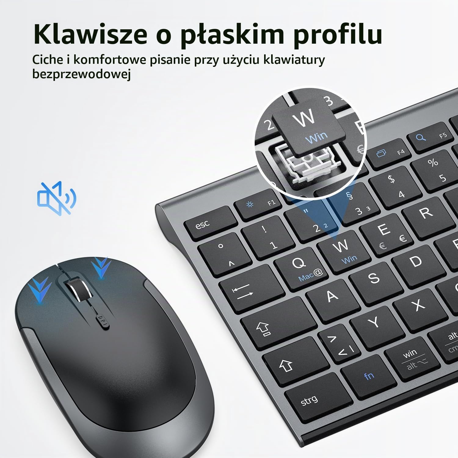 iClever Bezprzewodowa klawiatura i mysz 2,4 G, możliwość ponownego ładowania, oryginalny rozmiar, smukła, cienka i wytrzymała klawiatura do Windows 7/8/10, Mac OS