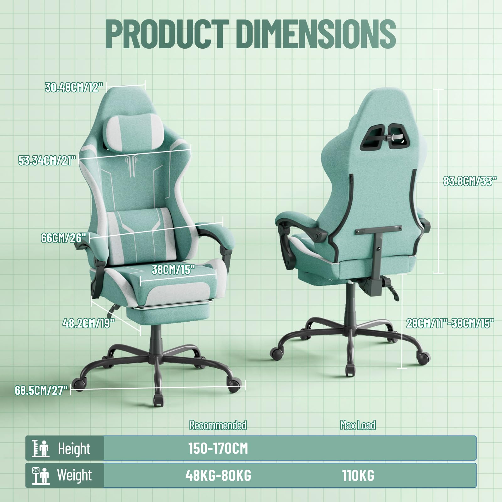 Chaise de Gaming Ergonomique avec Fonction Massage, Repose-Pieds, Oreiller Amovible, accoudoirs intégrés, Charge maximale : 110 kg, Chaise PC, pour Bureau et Maison, Verte