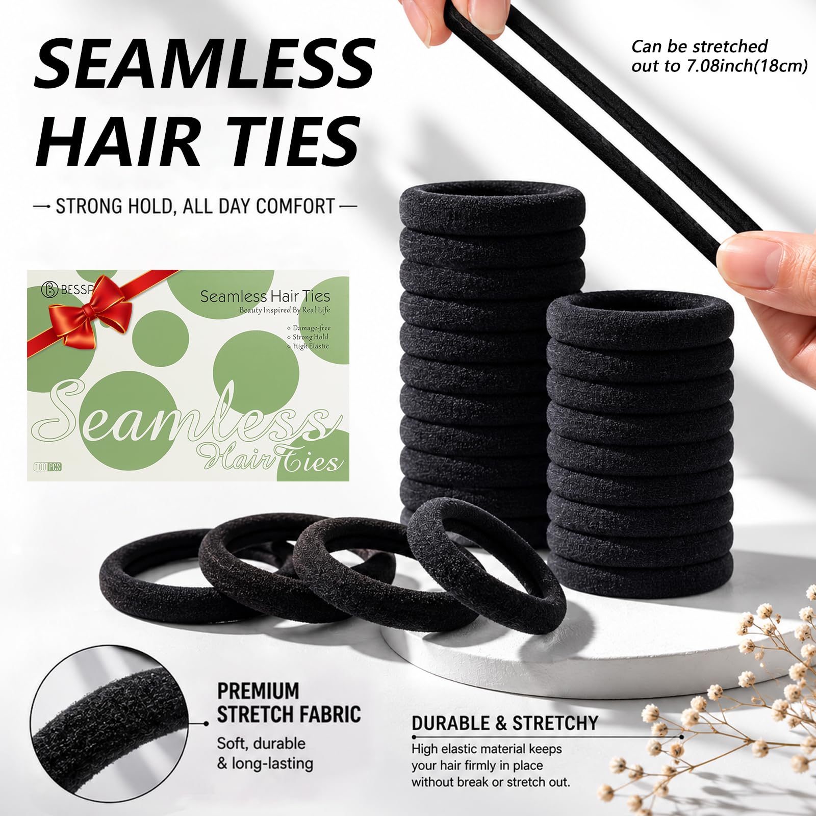 100 bandas elásticas negras para el pelo, de algodón sin costuras, banda de pelo negro grueso, lazos para el cabello elásticos, sin daños y soporte para cola de caballo
