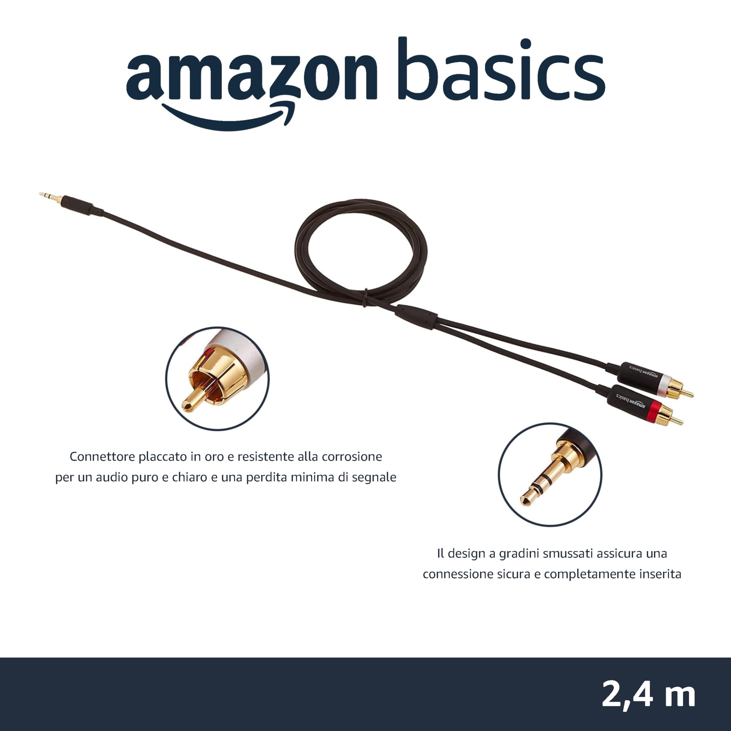 Amazon Basics - Cavo audio adattatore da Aux 3,5 a 2 RCA per amplificatori, casse attive, con connettori placcati oro, 2.4 m, Nero