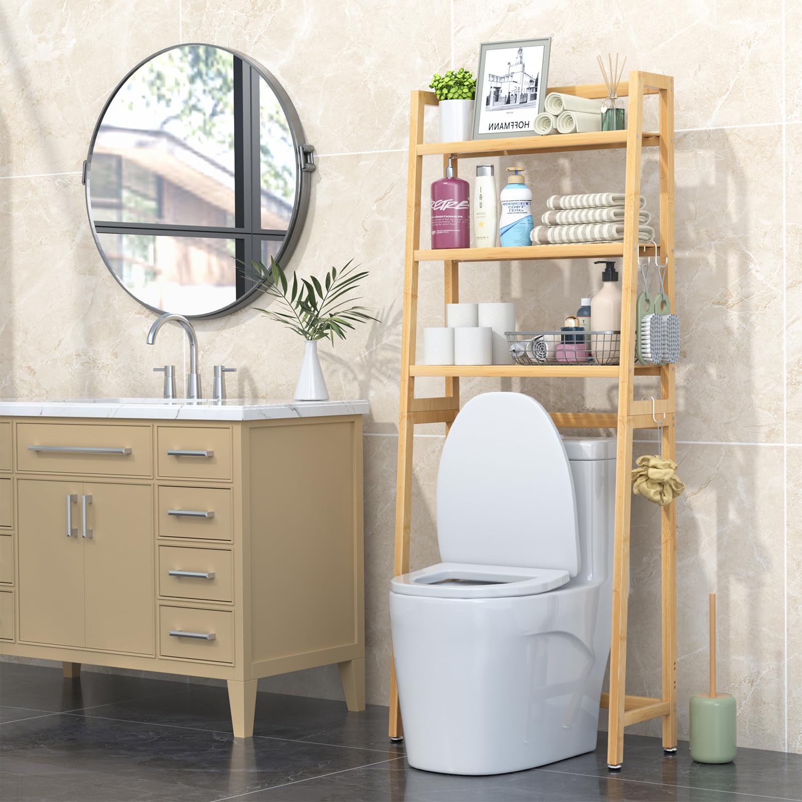 VASMIA Estante de Almacenamiento para baño, Organizador de bambú sobre el Inodoro, Ahorro de Espacio para Inodoro Independiente con estantes Ajustables de 3 Niveles, Natural