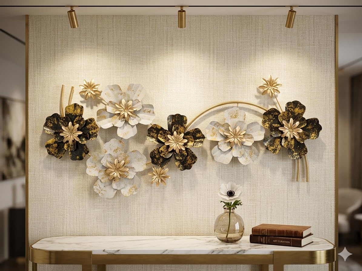 Mahira Artefacts 3D Metal Flower Wall Art, Gold and Black, Iron, Modern Contemporary, Botanical Theme, Matte with Antique Gold Finish, Indoor Wall Decoration-image-13