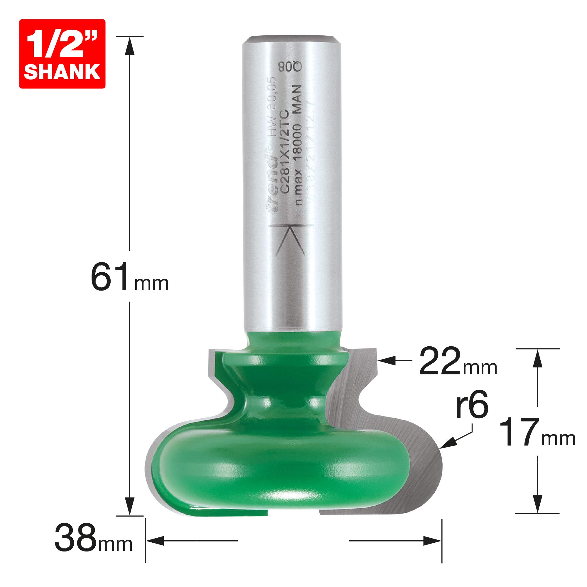 Trend CraftPro frez do uchwytów szuflad 1/2" 38 mm, R6,3 | Gładkie profile uchwytów szuflad: ostrza TCT z węglika, promień 6,3 mm, chwyt 1/2", 38 mm, C281X1/2TC