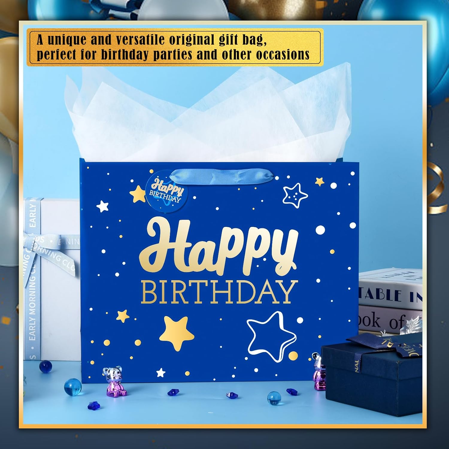 Powbrace 13" Blue Happy Birthday Gift Bag with Tissue Paper and Greeting Card for Party,Happy Birthday Gift Bag for Men Women,Gift Bags Medium size(1 PCS Blue Hot Stamping) - Image 4