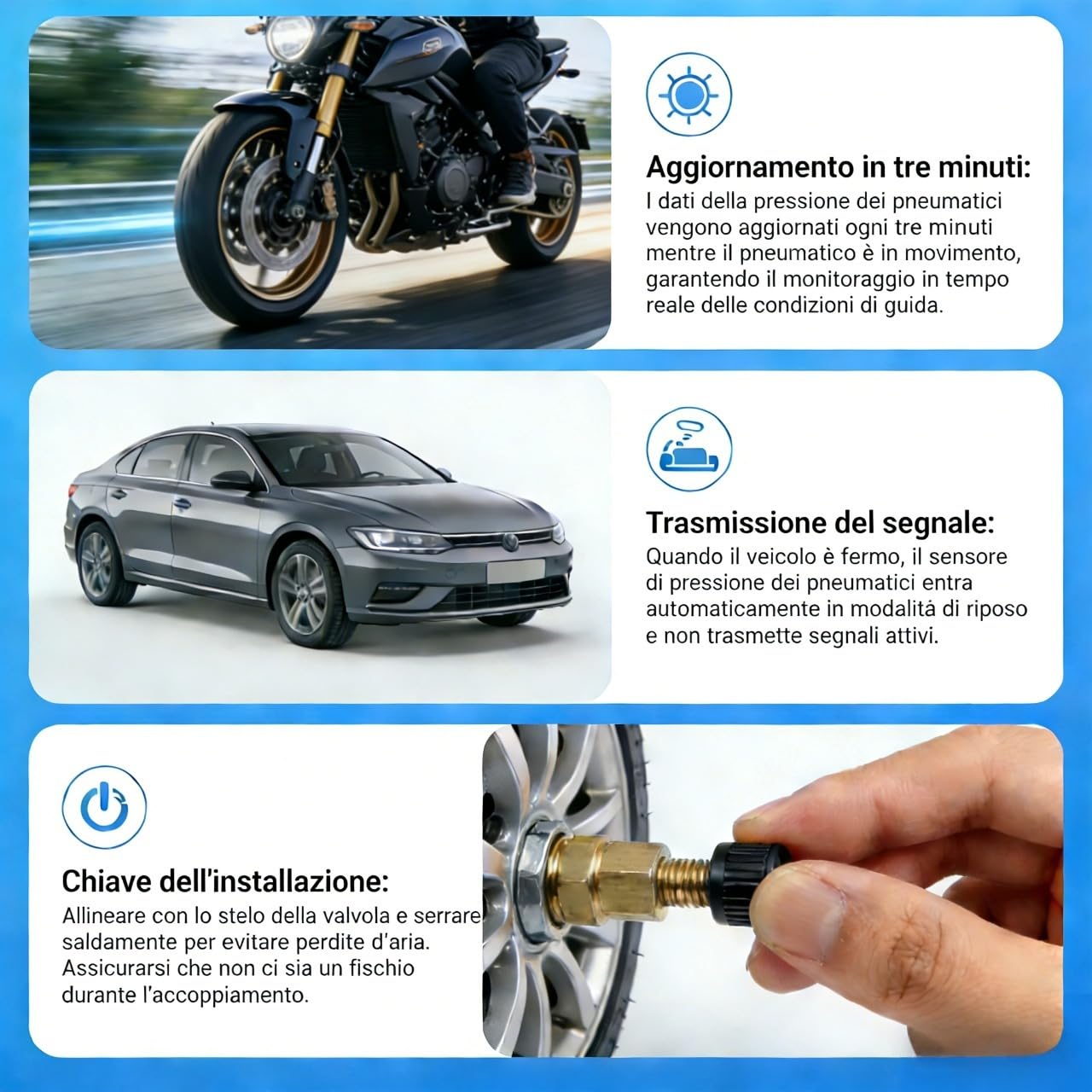 Moman Moto TPMS 4 Monitor di pressione dei pneumatici e temperatura con funzione di allarme, compatibile solo con iOS e Android