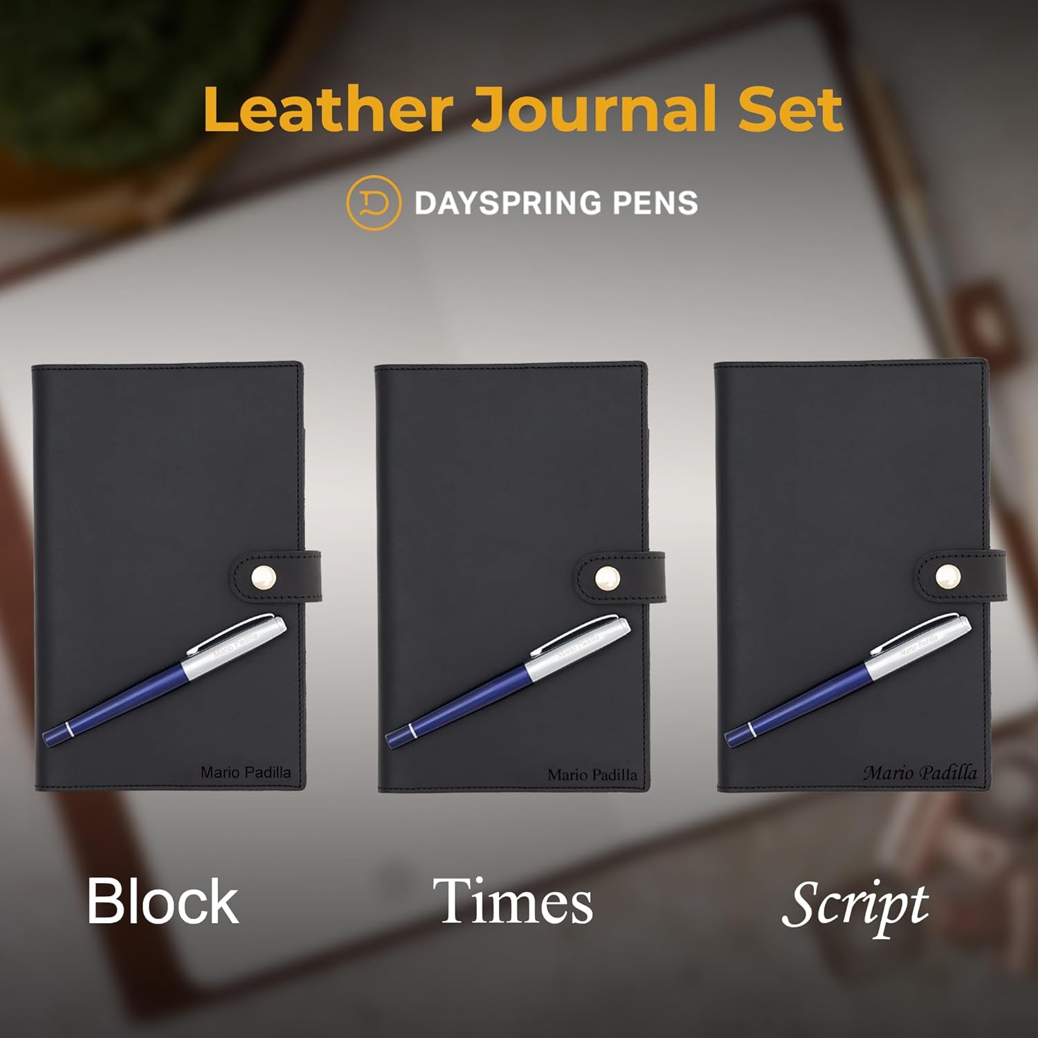 Noteworthy Journal Set. Refillable Premium Journal in Charcoal Black Full Grain Leather and Rollerball Pen in Blue Lacquer. Gift Set for Journaling, Gratitude, Prayer, or Reflection. (Text or Monogram)