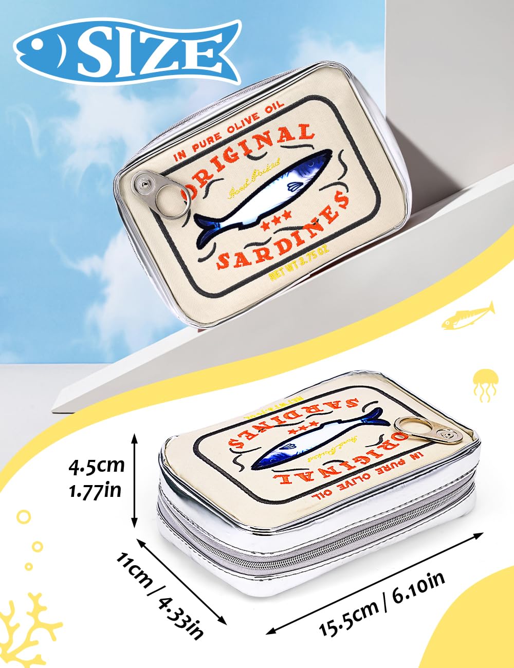 Cessfle Canned Sardines Makeup Bag Embroidered Canvas Cosmetic Pouch