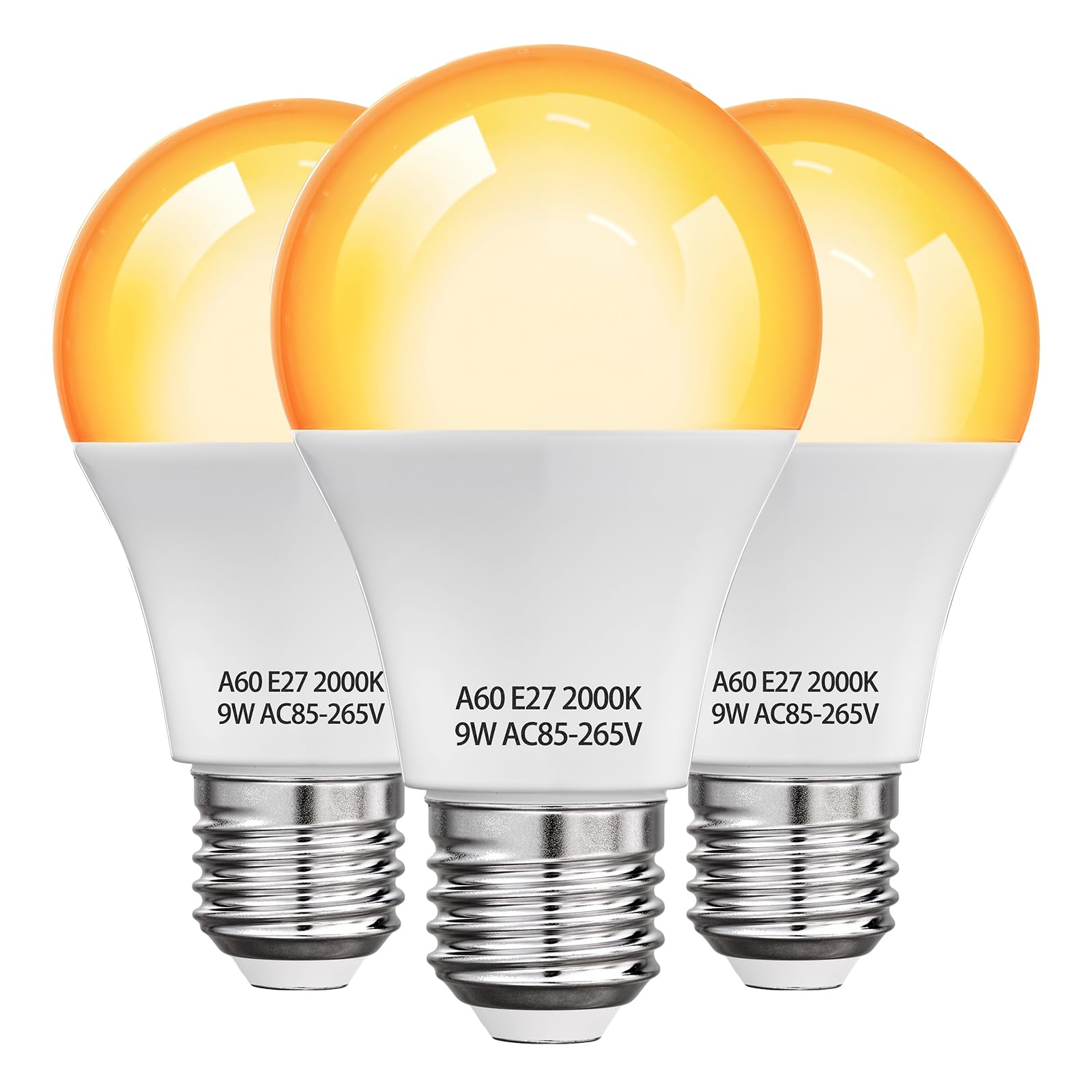 HomiShine 2000K E27 Amber Warm Light Bulb GLS A60 ES Screw in Bulb, 9W (60W Equivalent) Blue Light Blocking Warm Light Bulbs for Healthy Sleep, Bedroom, Nursery, Energy Saving, 3 Pack