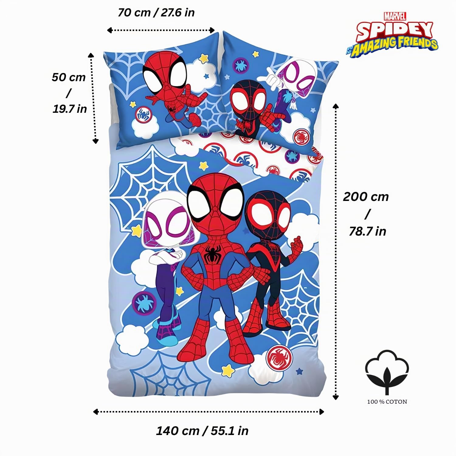 BrandMac Spidey & Friends Ensemble de Linge de lit pour Enfants | Housse de Couette 140 x 200 cm + Taie d’Oreiller 50 x 70 cm, 100% Coton | Linge de lit pour Enfants Doux et Respirant