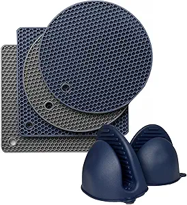 4 Pcs Silicone Trivet Mats, Silicone Oven Mitts and Pot Holders Set for Hot Pan and Pot Pads, Heat Resistant Multipurpose Silicone Mats (2 Square+2 Round Mats+1 Pair Oven Mitts,Grey & Navy Blue)