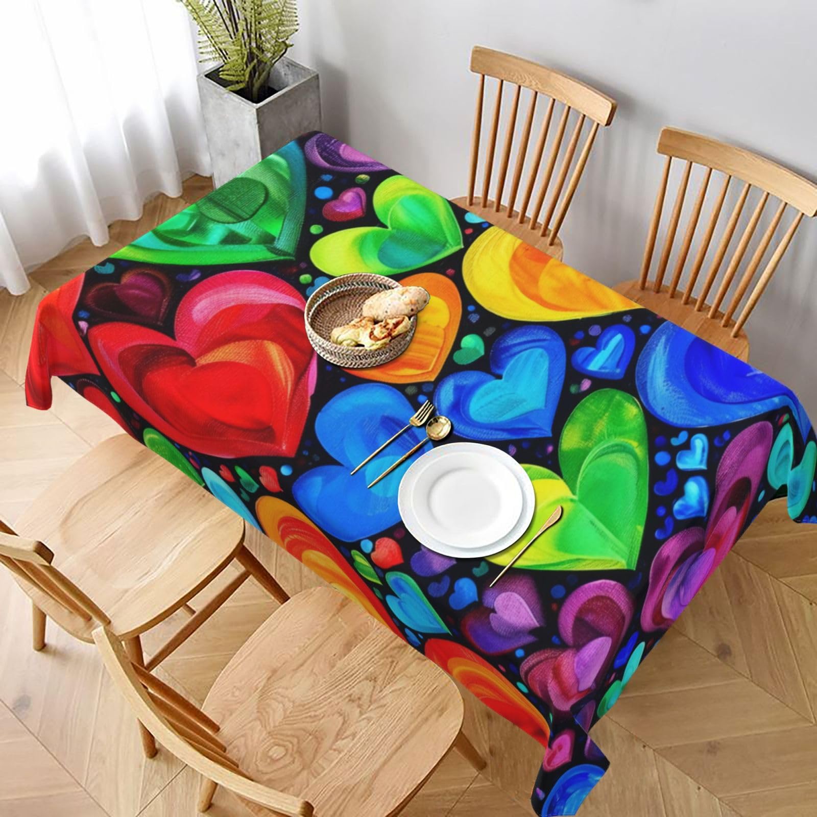 WPKJU Rainbow Hearts Printed Tablecloth 60x90 in Water Resistant Table Cover Washable Rectangle Table Cloth for Dining Tables