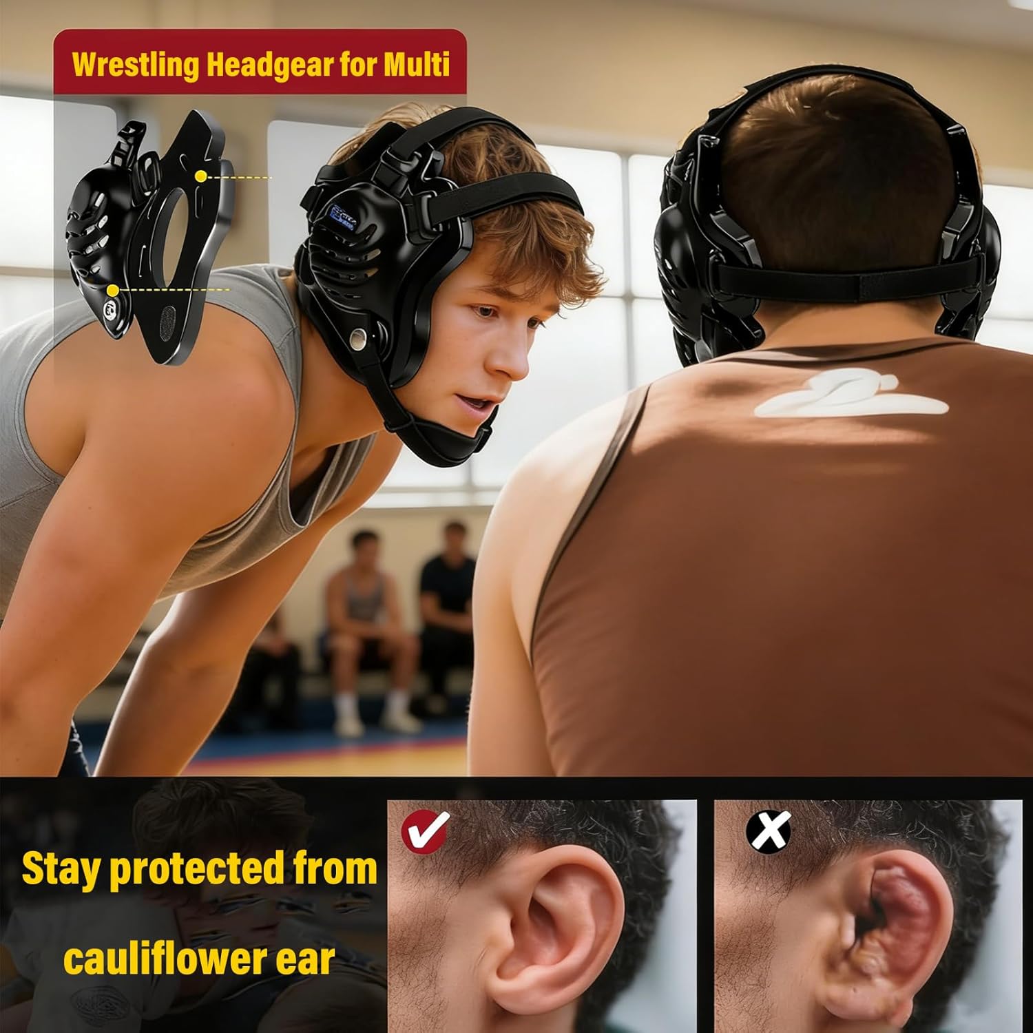 Adjustable Wrestling Headgear Ear Guard，Padded Ear Protection with Breathable Materials & Secure Strap,Chin Cup for Youth & Adults Wrestling,Ear Guard for MMA,BJJ Training