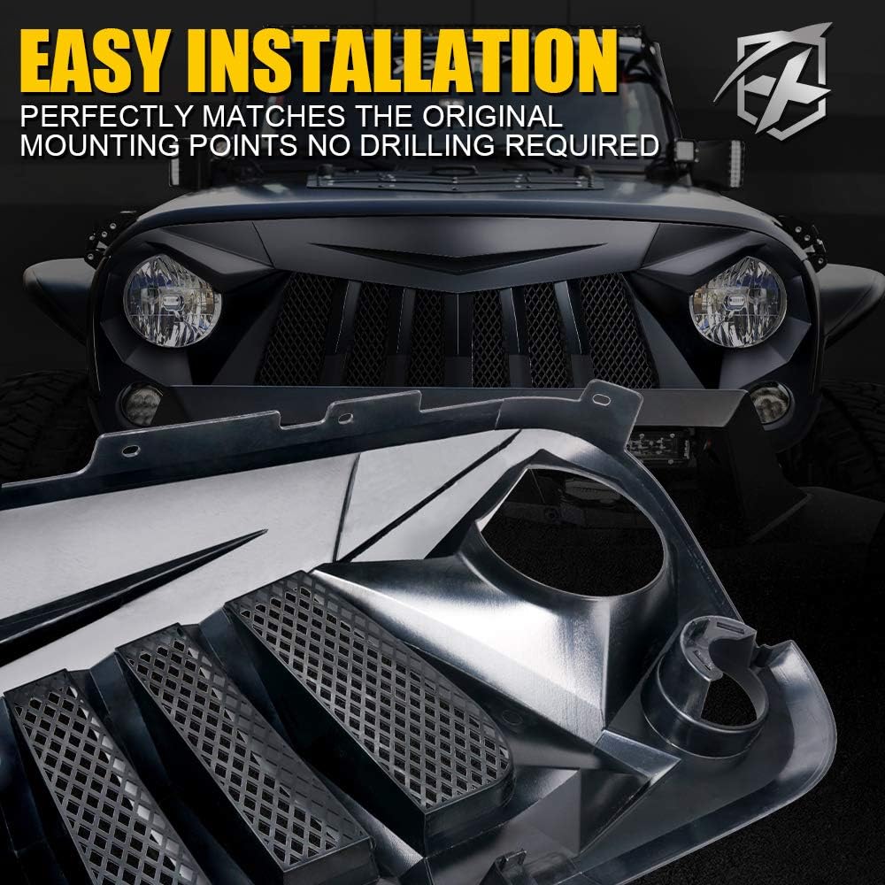 Xprite Matte Black Front Grill Grid Grille w/Mesh Compatible with Jeep Wrangler Rubicon Sahara Sport JK 2007-2018