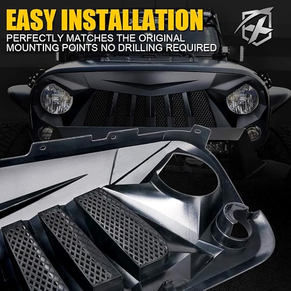 Xprite Matte Black Front Grill Grid Grille w/Mesh Compatible with Jeep Wrangler Rubicon Sahara Sport JK 2007-2018