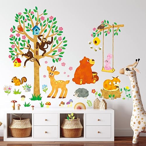Miniatura 3 de DECOWALL SG-2201 Woodland Nursery Decor Wall Stickers Animals Nursery Girls Tree Forest Boy Room Fall Fox Deer Owl Playroom Living Bedroom Baby