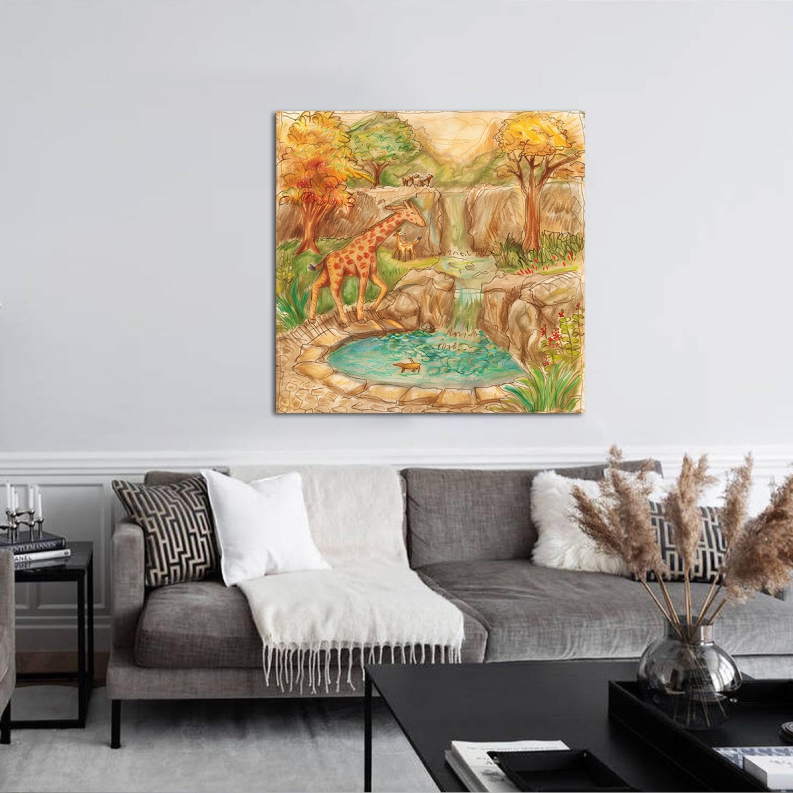 CHERHERART Obraz kreskówkowy, las, wodospad, Giclee, wydruki na płótnie, żyrafa, rodzina, matka, dziecko, zwierzęta, graffiti, dekoracja ścienna do pokoju dziecięcego, 65 x 65 cm, rama wewnętrzna