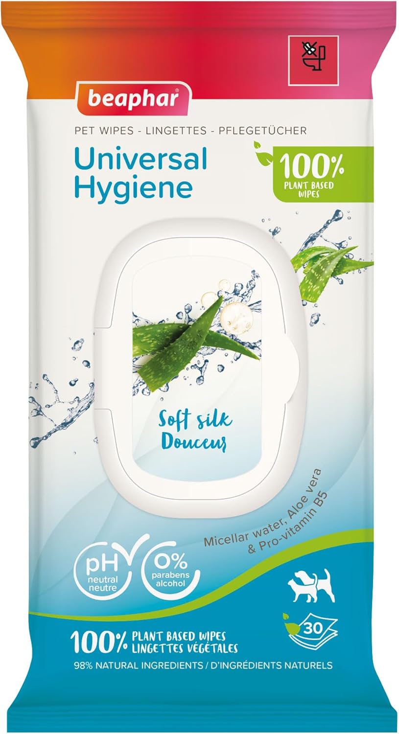 Beaphar – Pet Wipes – Universal Pet Hygiene Wipes for Cats & Dogs – Cleans & refreshes skin and coat – 100% Plant-Based, Biodegradable Wipes – With Micellar water & Aloe vera – 30 Wipes – pH neutral