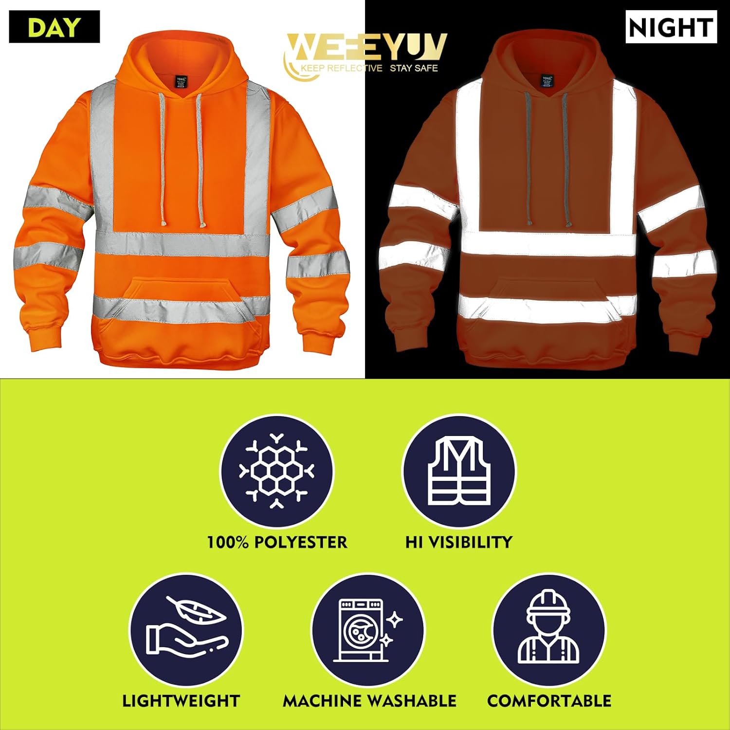 wefeyuv Hi Vis Men's Solid Color Reflective Visibility Sweatshirts Pullover