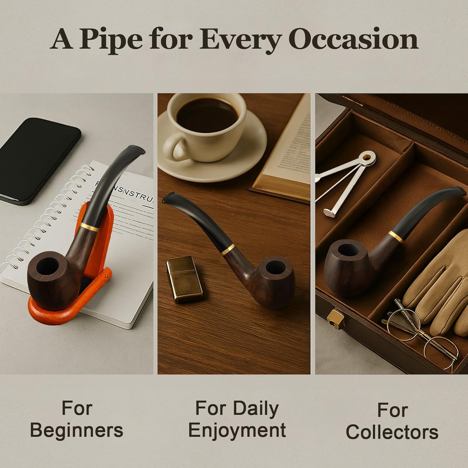 Joyoldelf Ebony Tobacco Pipe Set - Handmade Smoking Pipe with Replaceable Stem, Wood Pipe with Pipe Stand, 9mm Filter and Smoking Accessories, Pipe Starter Kit with Gift Box for Beginner