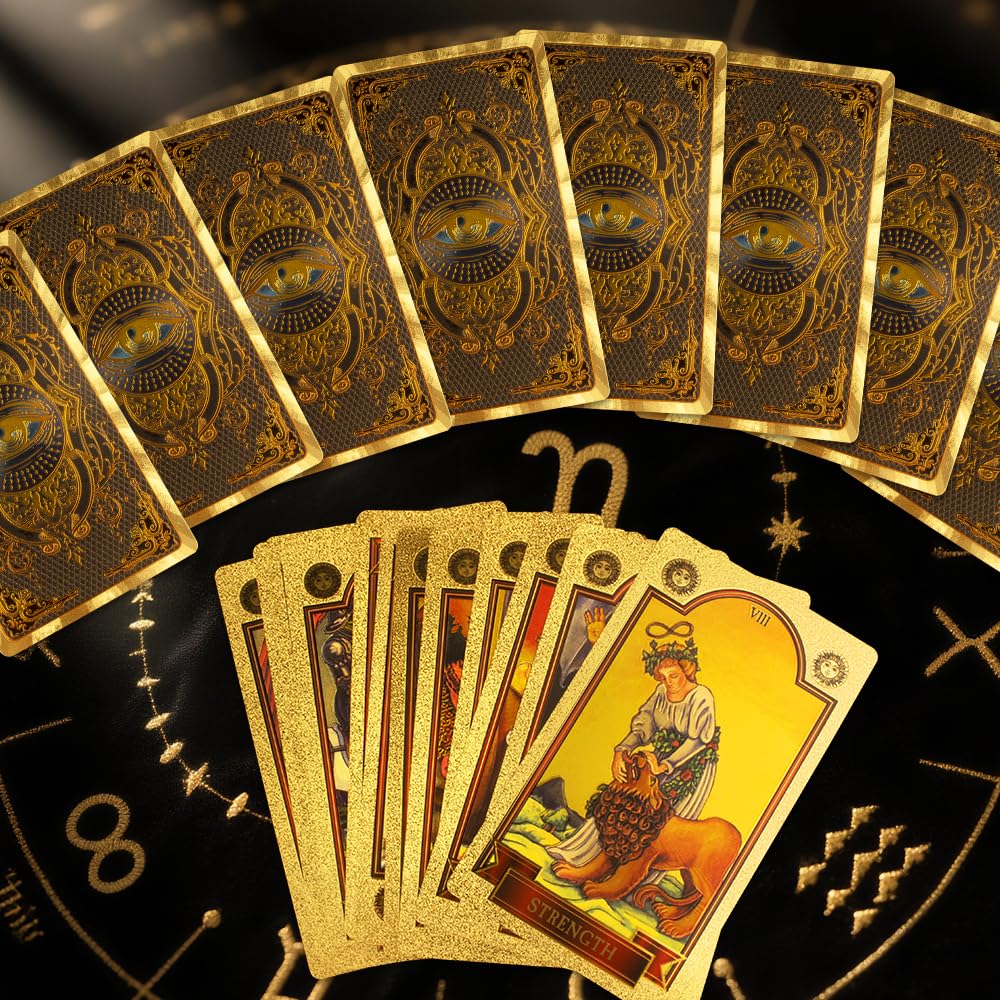 Zestaw tarota, 78+2 karty tarota, złote oko Marsylia Tarot z przewodnikiem, wróżbiarstwo tarota, karty tarota PCV, wodoodporne i bez fałd, zestaw tarota dla początkujących (złoty)