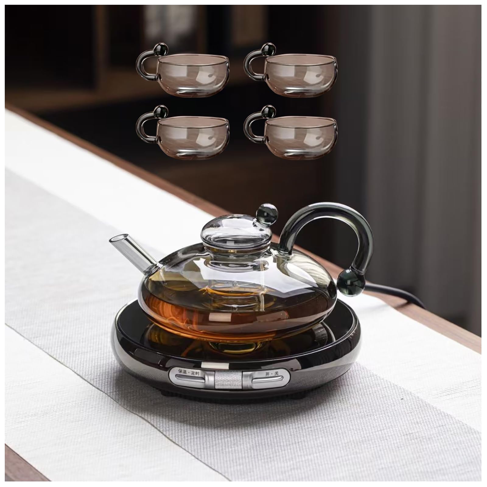 MLKHESY Innovessa Tea Pot, Sereno Filtration Teapot Set with 4 Tea Cups and a Heating Ceramic Stove, Magic Teapot Set, for Loose Tea, Blooming & Loose Leaf