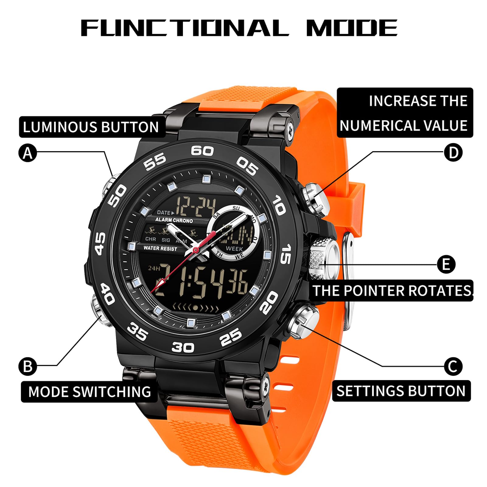 findtime Reloj digital táctico militar para hombre, resistente al agua, 5 ATM, reloj analógico con retroiluminación LED de 12/24 horas, alarma, cronómetro, timbre cada hora