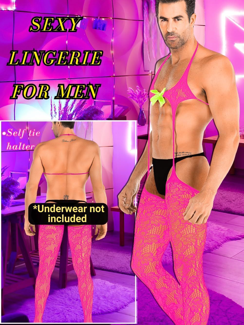Men's Sexy Lingerie, Satin Bow, Fishnet Lingerie, Gift For Him - Image 2