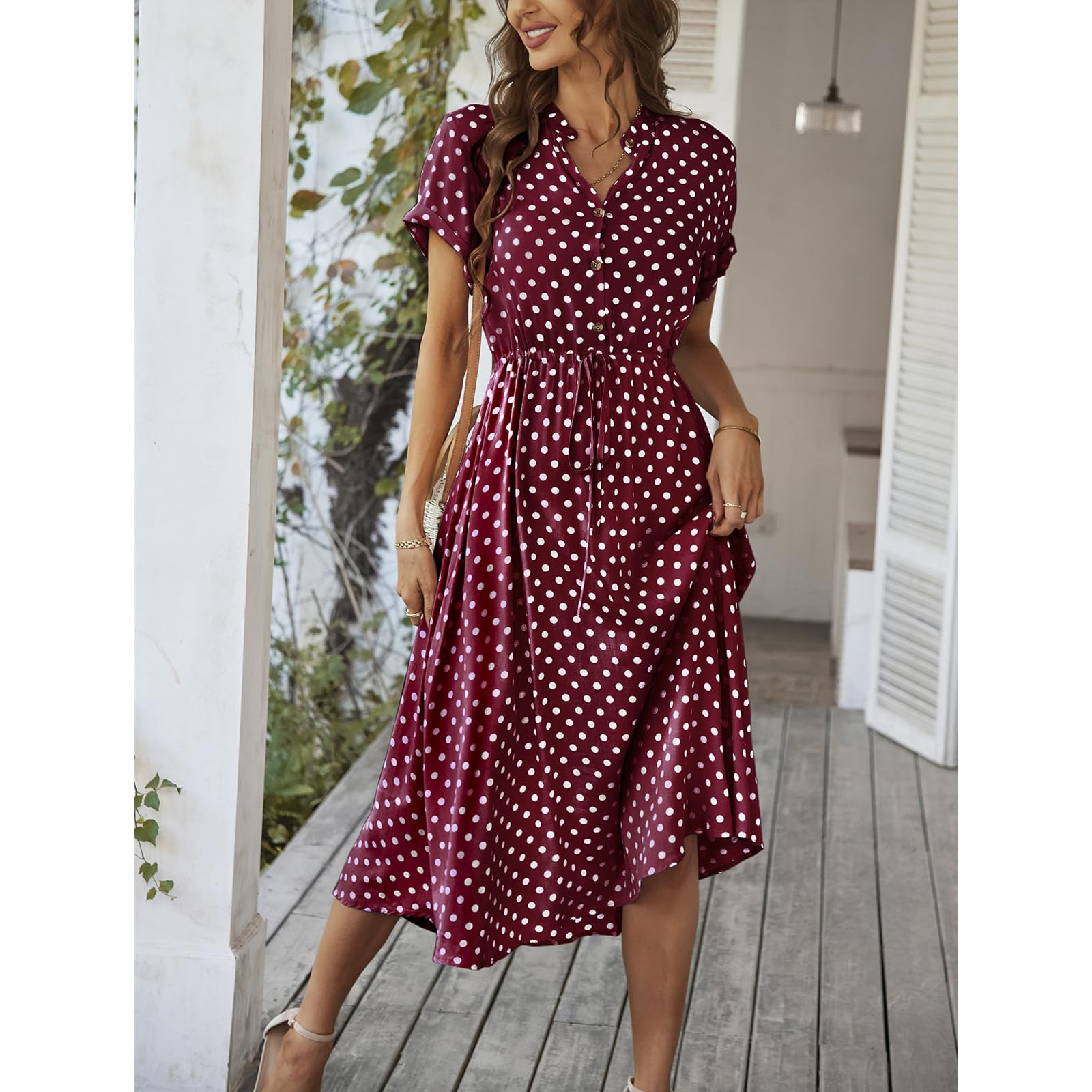 Abito Estivo Delle Donne Casual Lapel Dress Button Down Shirt Dress Swing Dress Polka Dot Vintage Abiti, HUTALIM, Blu, l