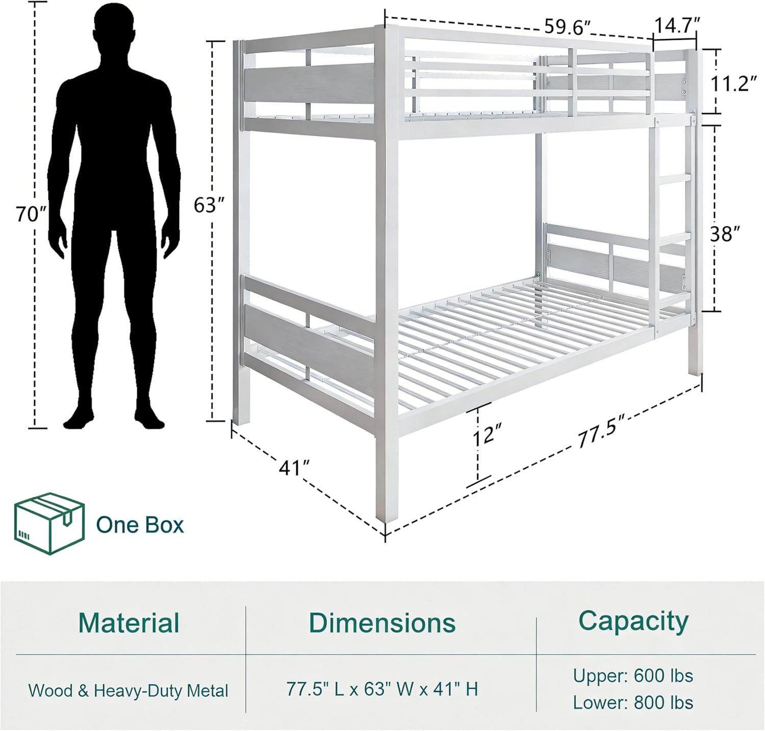 Metal Bunk Bed Twin Over Twin, Heavy Duty Steel Frame with Full-Length Guardrail, Space-Saving Design with Under-Bed Storage, No Box Spring Needed, Noise-Free, Easy Assembly, White
