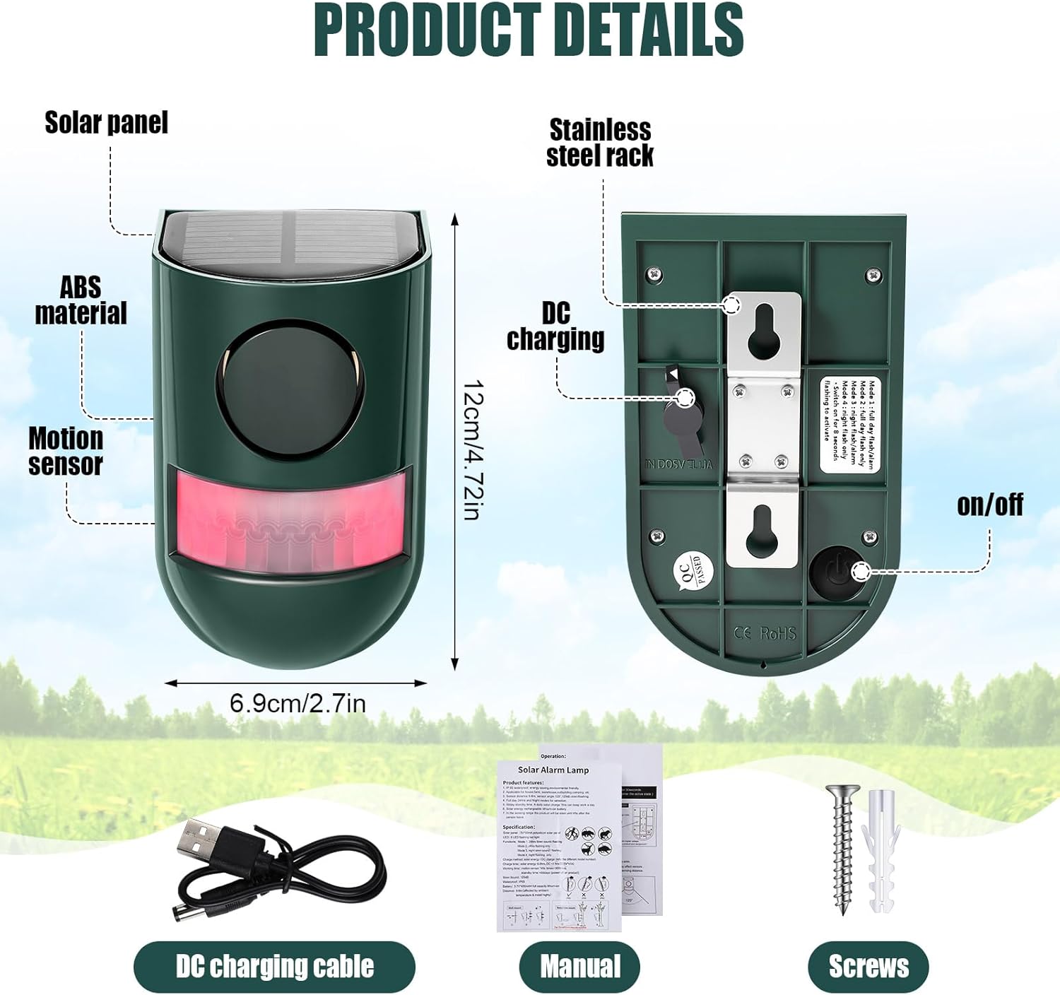 Qualirey 4 Pack Solar Sound and Light Alarm Motion Sensor 129db Outdoor Security Siren Waterproof Motion Activated Detector Alarm 6 LEDs Flash Warning Strobe System for Home, Farm (Green)