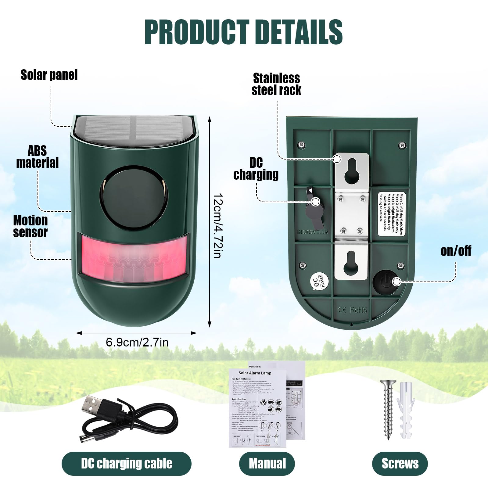 Qualirey Solar-Bewegungsmelder, Alarm, 129 dB, für den Außenbereich, Stroboskoplicht, Grün, 4 Stück | Wasserdichte Sicherheits-Sirene mit Ton, Bewegungsmelder für Auffahrt und Bauernhof, Abschreckung über Nacht Blitzwarnsystem