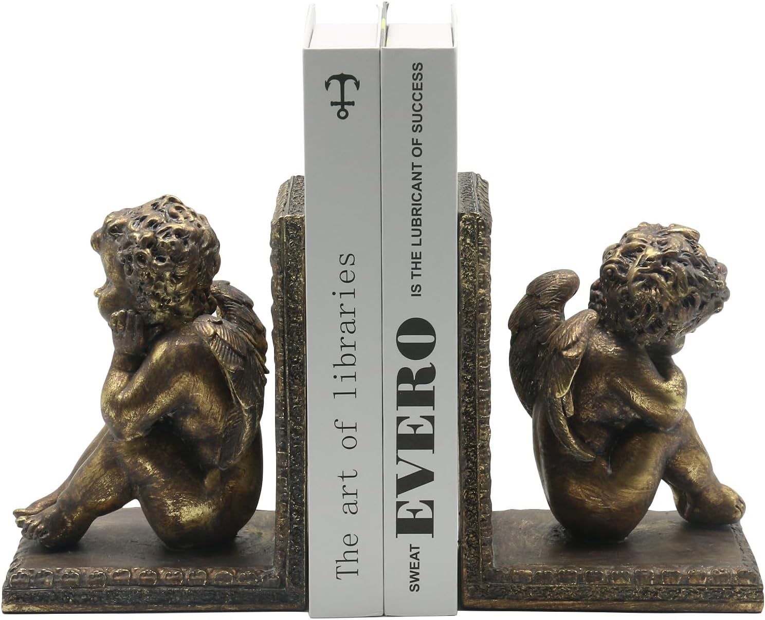 Lukitas Angel Book Ends, Heavy Duty Decorative Bookends, Nonskid Book Stoppers, Vintage Ornaments for Study Room Office Home Decor, Resin, Retro Gold, 1Pair/2Piece