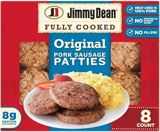 Jimmy Dean Fully Cooked Original Pork Sausage Patties, 8 Count - Premium Breakfast Sausages with 8g Protein Per Serving
