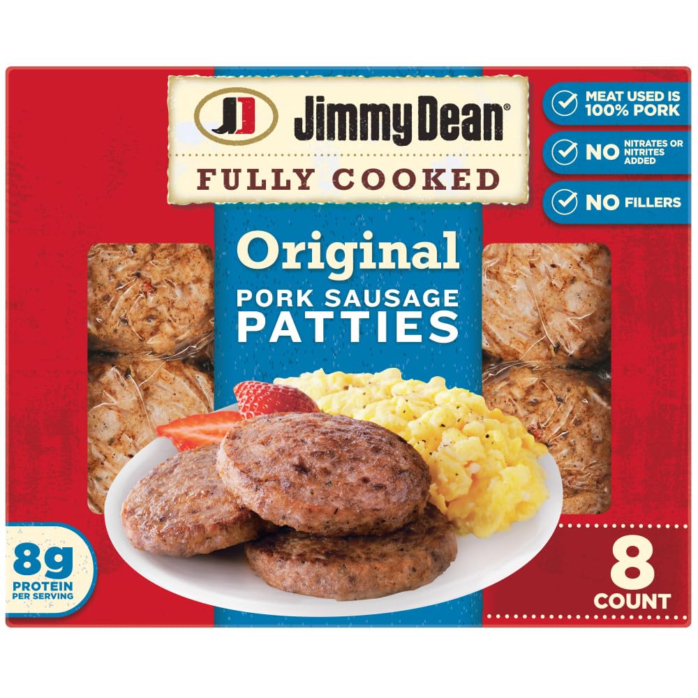 Jimmy Dean Fully Cooked Original Pork Sausage Patties, 8 Count - Premium Breakfast Sausages with 8g Protein Per Serving