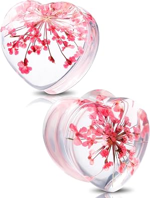 Jewseen 2PCS Heart Ear Gauges Flower Double Flared Ear Tunnels Ear Gauge Plugs 2g to 5/8 Resin Tunnels Ear Stretcher Ear Expander Ear Plugs for Women Ear Gauges Piercing Jewelry for Wedding