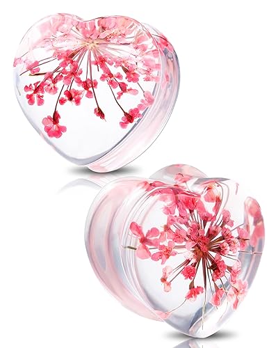 Jewseen 2PCS Heart Ear Gauges Flower Double Flared Ear Tunnels Ear Gauge Plugs 2g to 5/8'' Resin Tunnels Ear Stretcher Ear Expander Ear Plugs for Women Ear Gauges Piercing Jewelry for Wedding - 00g=10mm