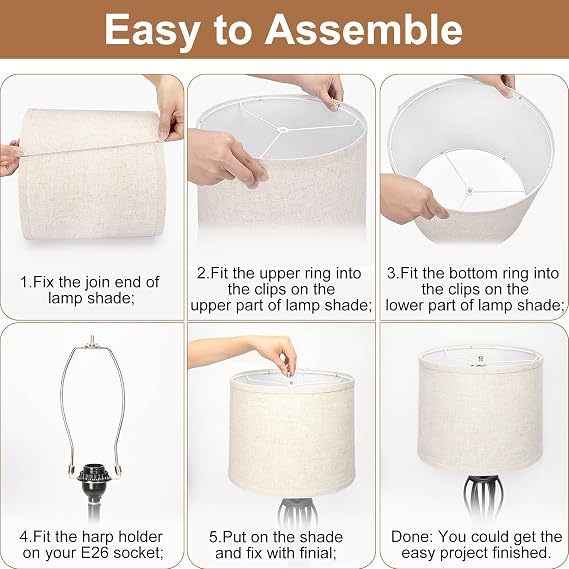Lampshades Set of 2, Drum Lampshades 11.6 Top x 12.6 Bottom x 9.8 High, Seaside village Medium Lampshades (Spider Fitter), Beige Lampshades Natural Linen Hand Crafted, Easy Assembly Required
