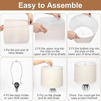 Lampshades Set of 2, Drum Lampshades 11.6 Top x 12.6 Bottom x 9.8 High, Seaside village Medium Lampshades (Spider Fitter), Beige Lampshades Natural Linen Hand Crafted, Easy Assembly Required