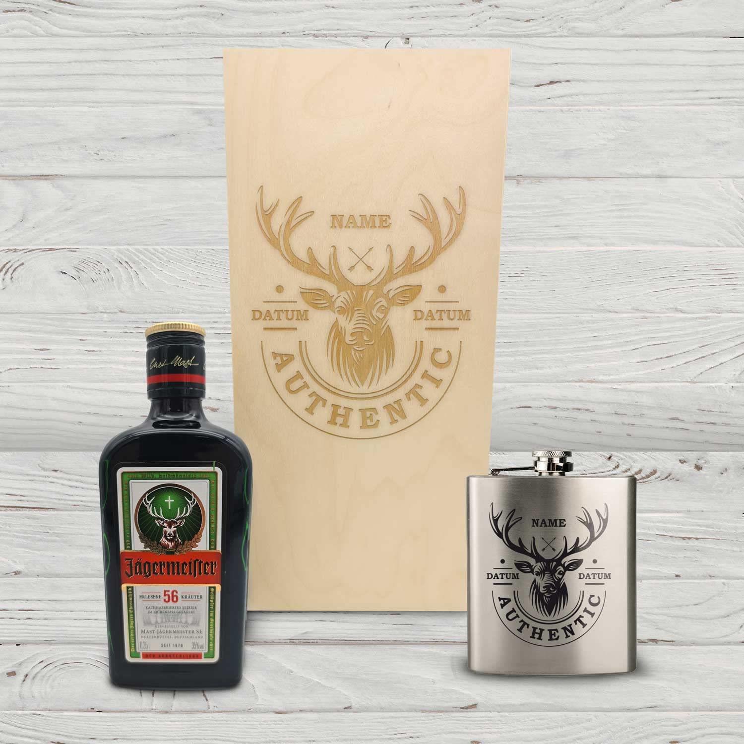 GRAVURZEILE Set regalo fiaschetta – Fiaschetta in acciaio inox da 150 ml con incisione nel set – con bottiglia da 350 ml e scatola di legno incisa – regalo per papà per la festa del papà – colore: