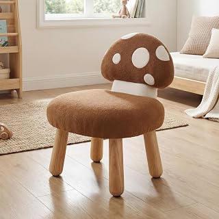 Toddler Kids Chair Mushroom-Shaped Upholstered Kids Stool for Playing Learning Chenille Fabric Children Stool with Backrest & Wooden Legs, Brown