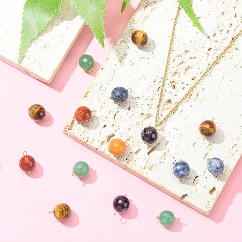 Miniatura 6 de Ipotkitt 50 dijes de piedra natural mezclada, dijes de piedras preciosas naturales facetados de chakras redondos con bucles para bricolaje,