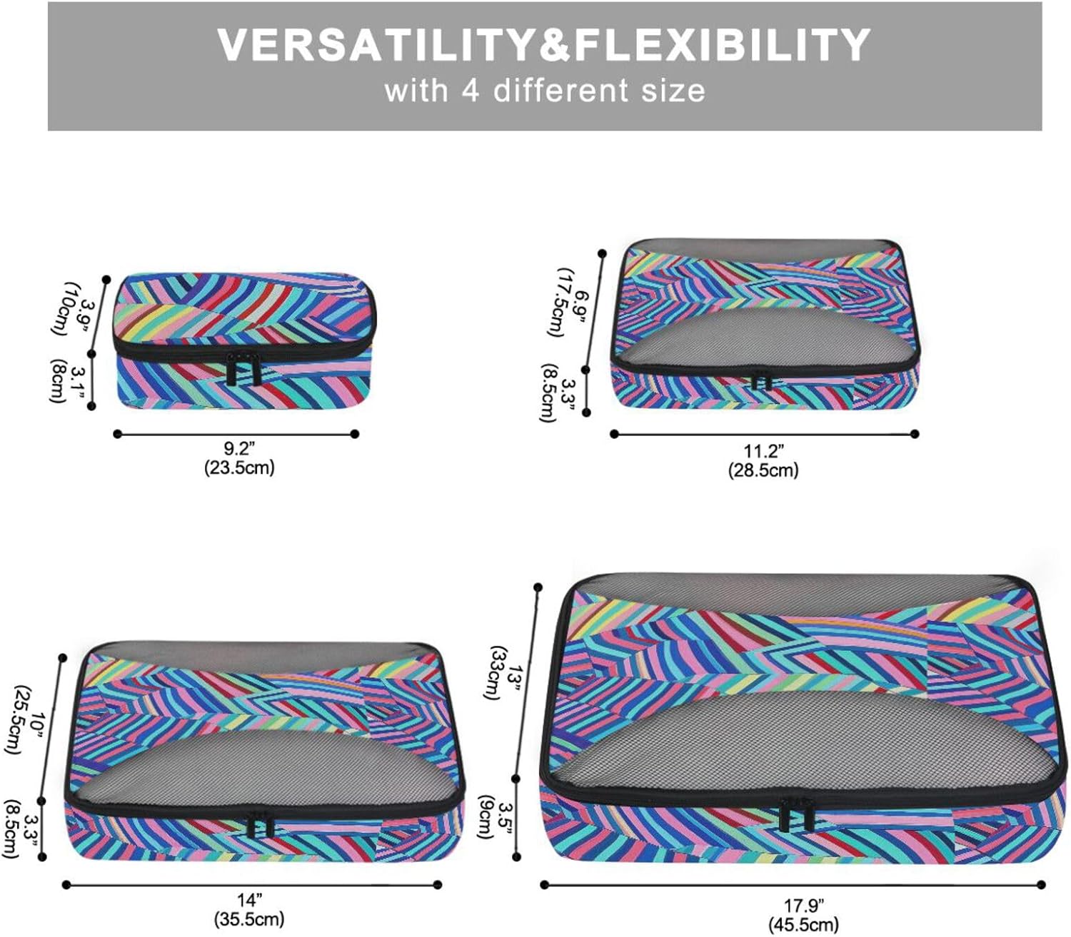 Art Stripe Colorful 4 Pcs set organizer bags set Mesh Travel Essentials expandable compression packing cubes