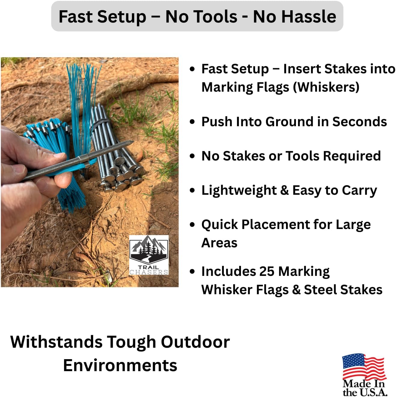 Trail Chasers® Blue Marking Flags (Whiskers), 6" Ground Markers with Steel Stakes, 25 Pack for Survey & Construction