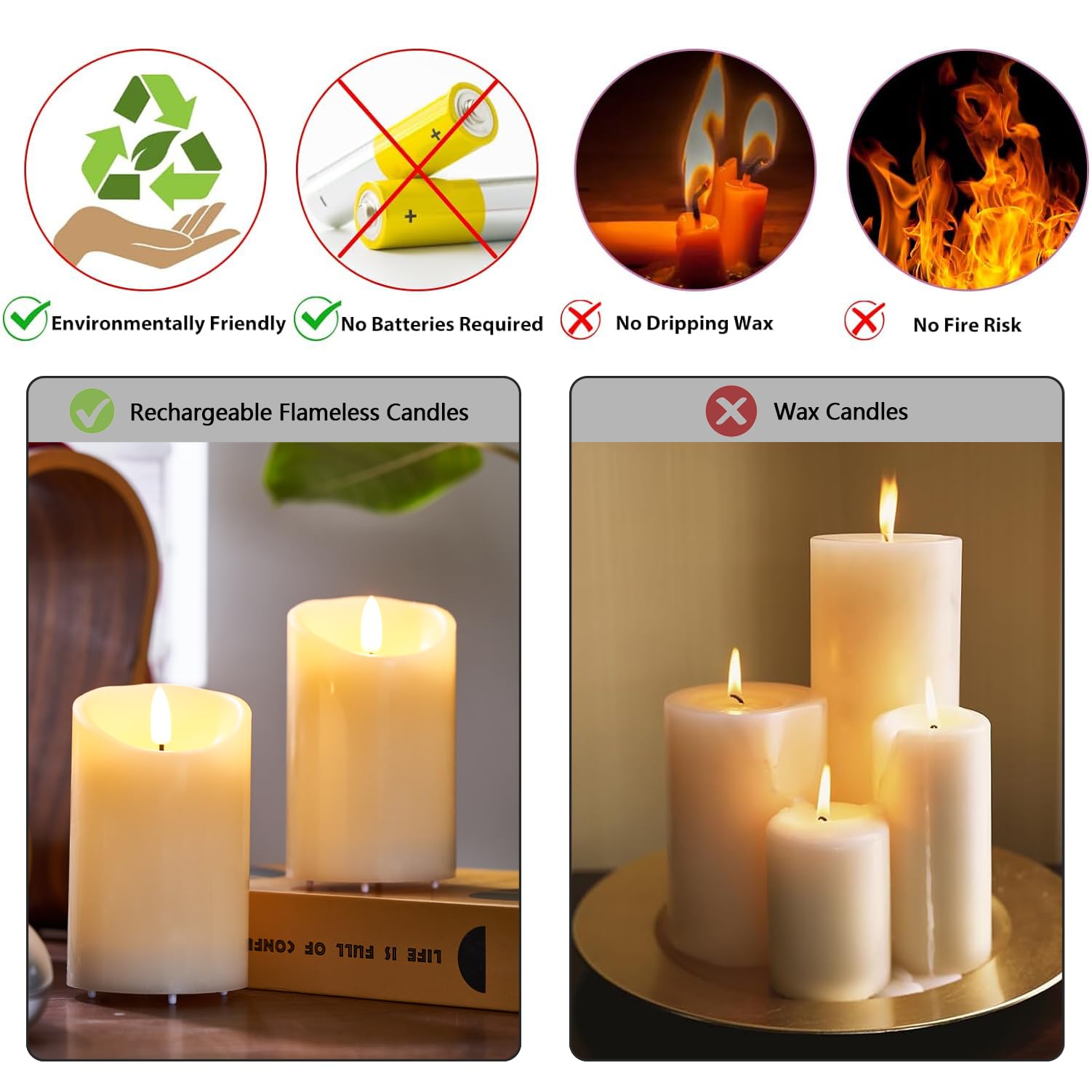 FiiMoo Velas LED Recargables, Pack de 2, Velas Eléctrica Efecto Llama con Cable de Carga USB y Temporizador, Vela de Pilas, 3D Efecto Llama, para Navidad Halloween Fiesta Decor Habitacion, 15cm Marfil