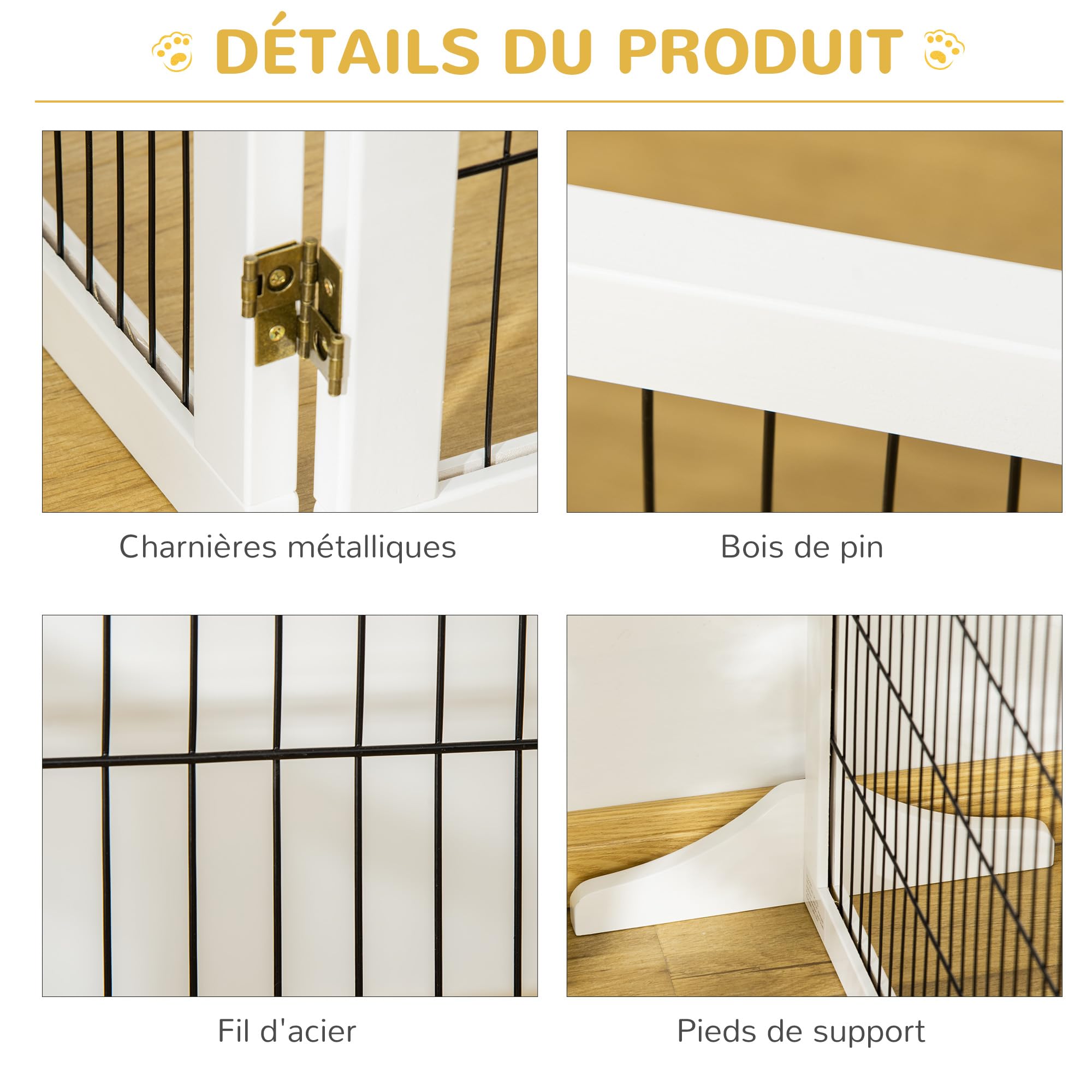 PawHut Barrière de sécurité Chien barrière autoportante barrière modulable Pliable 6 Panneaux 2 Pieds Support Bois de pin 432 x 36 x 70 cm Blanc