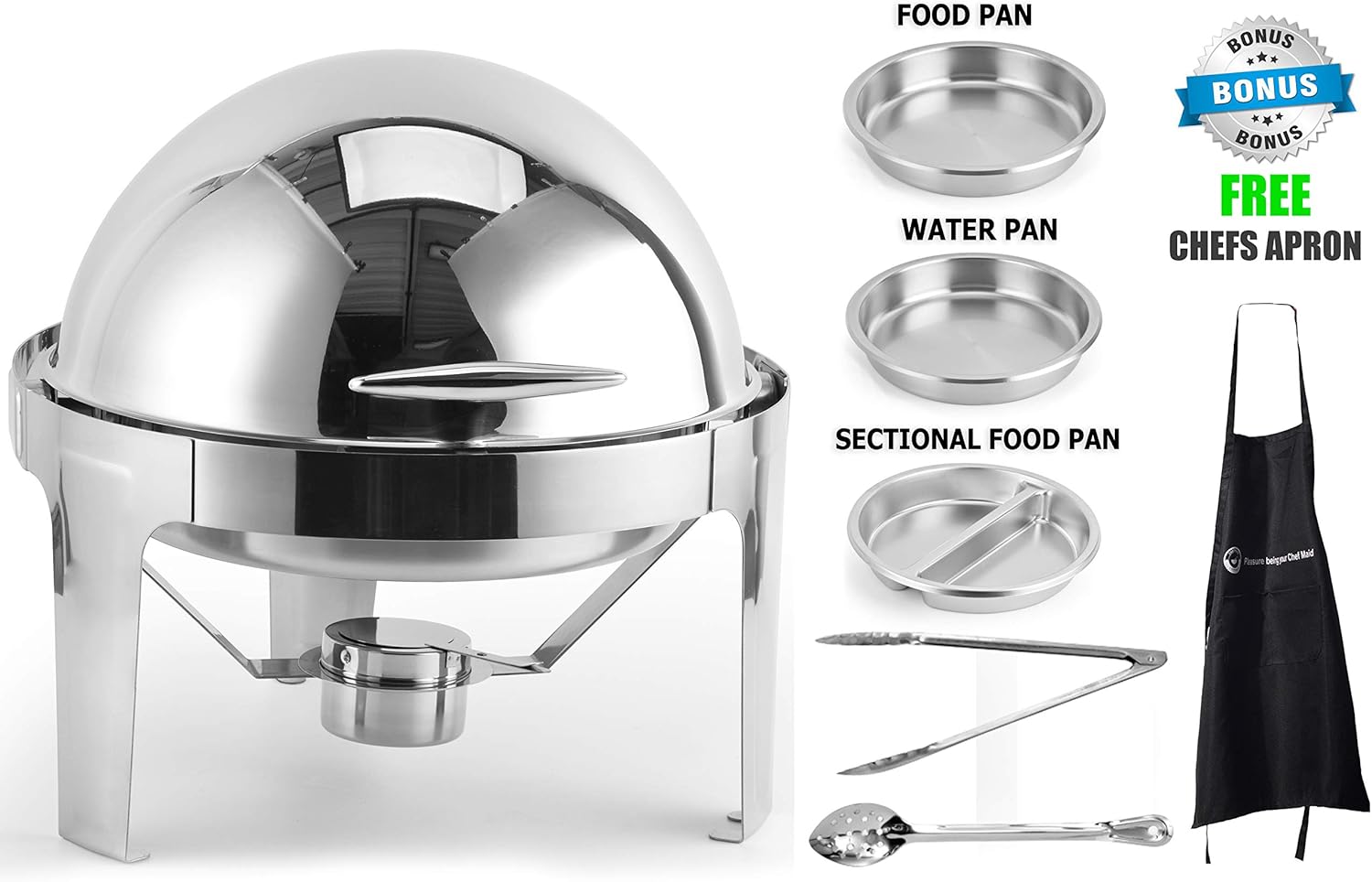 [6 Quart Chafer] Chafing Dish Round Roll Top Bundle Stainless Steel with Apron Buffet Warmer for All Events
