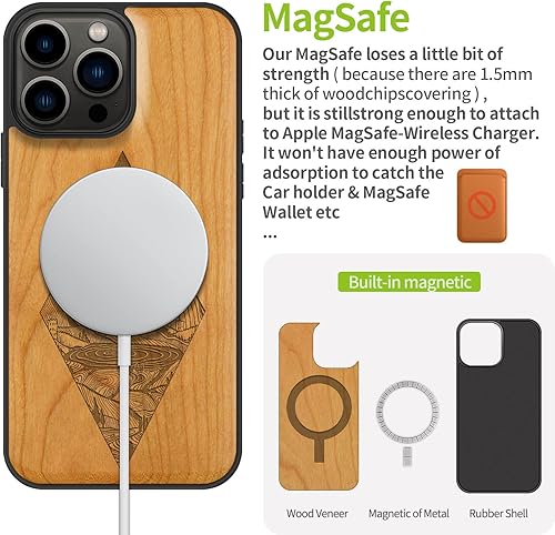 Miniatura 48 de Carveit Funda magnética de madera para iPhone 13 Pro [madera natural y TPU suave negro] funda protectora de madera única y elegante a prueba