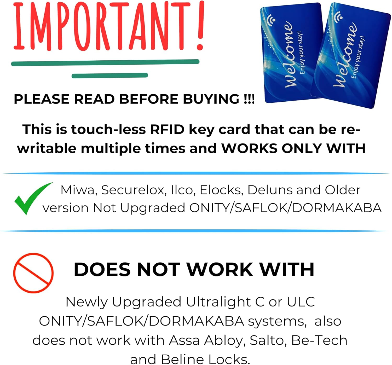 Generic RFID Key Cards, 200 Pieces, Blue, 13.56MHz, Compatible with Saflok, Kaba, Onity, Ilco, Miwa, Securelox Locks