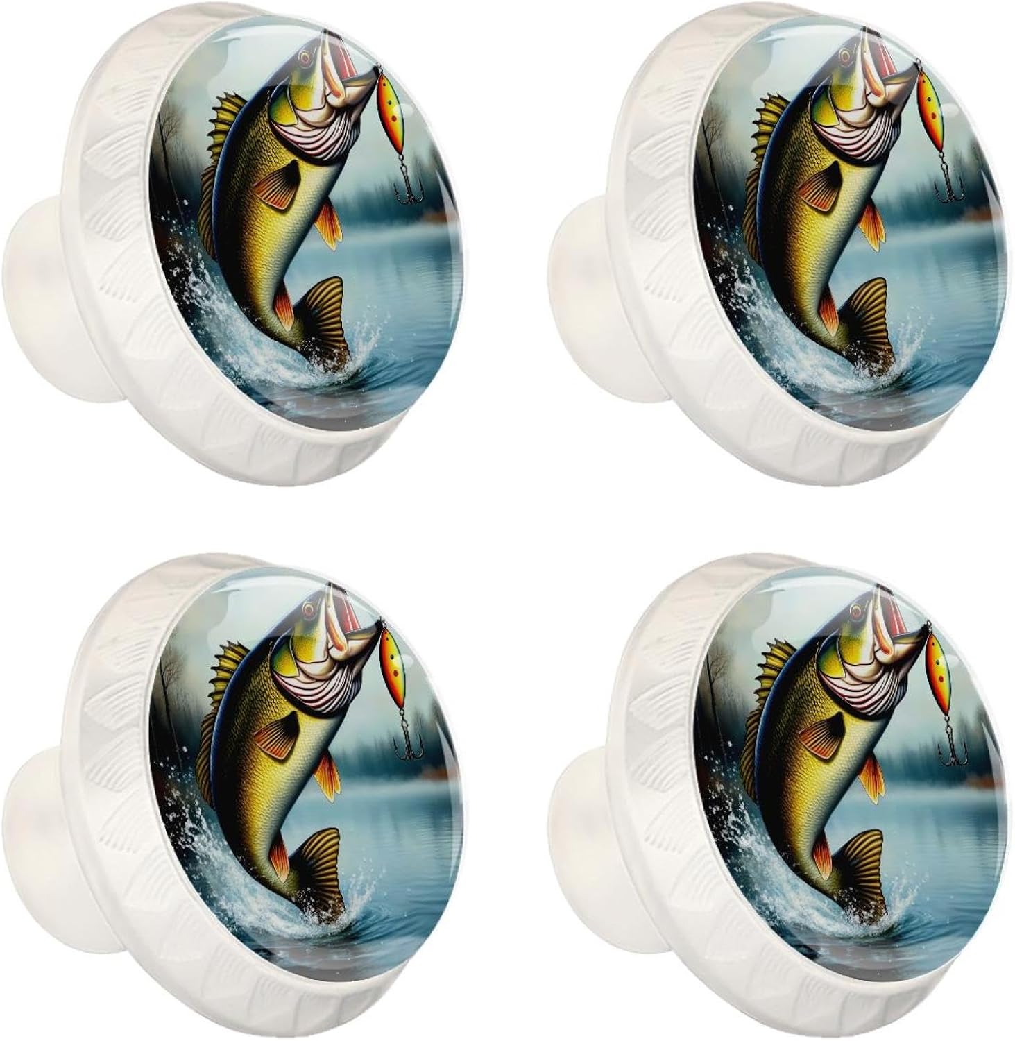 4 Pack White Cabinet Knobs, Bass Fish Drawer Handles for Cabinets, Dresser, Cupboard, Bathroom, Bedroom, Kitchen Hardware Closet Door Knob